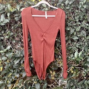 Free People Terracotta Ribbed Bodysuit